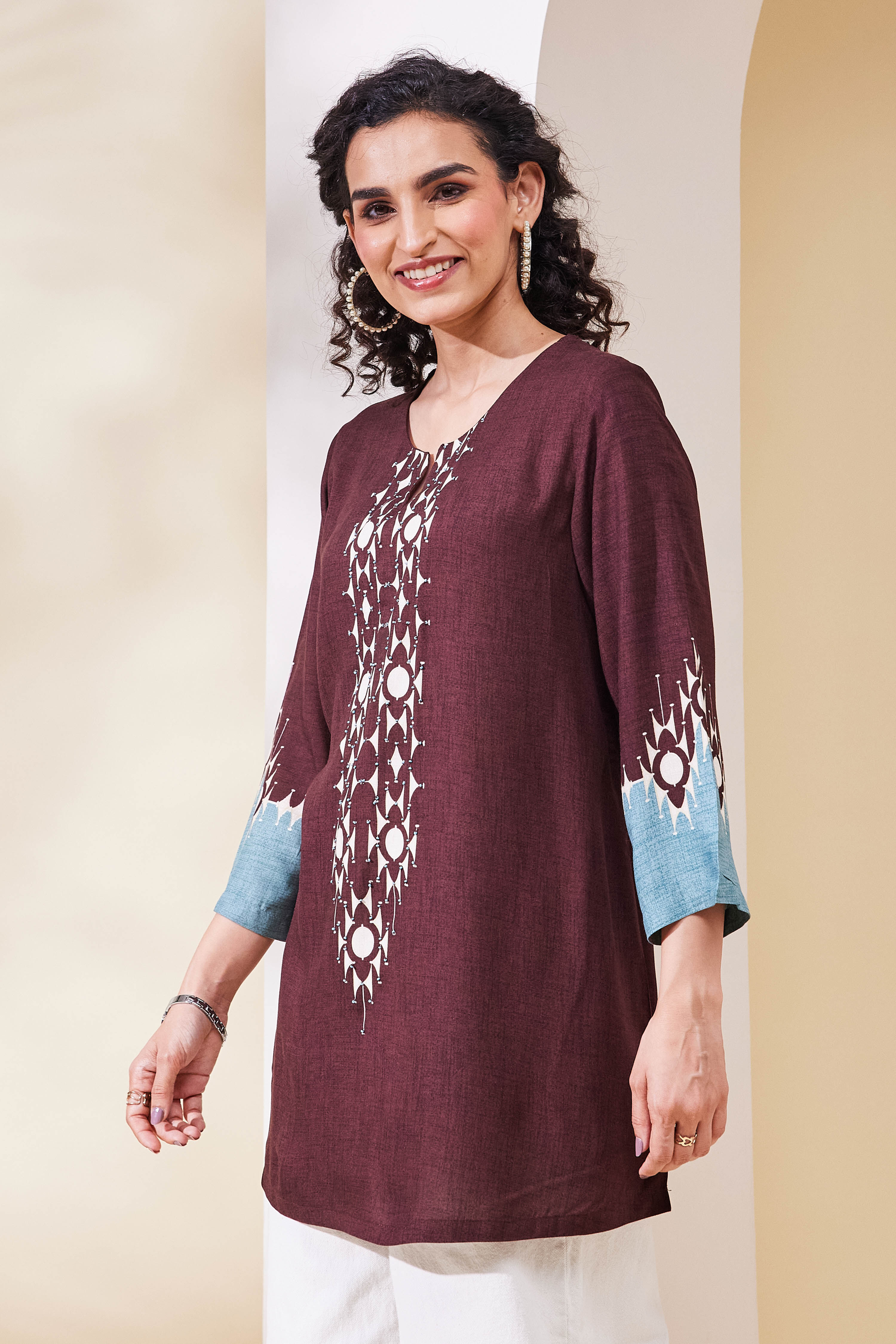 Brown Viscose Rayon Straight Top image number 2