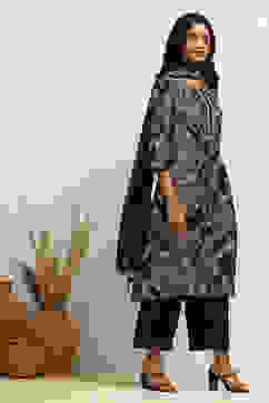 Black Modal Chanderi Printed Gathered A-line Suit Set image number 5