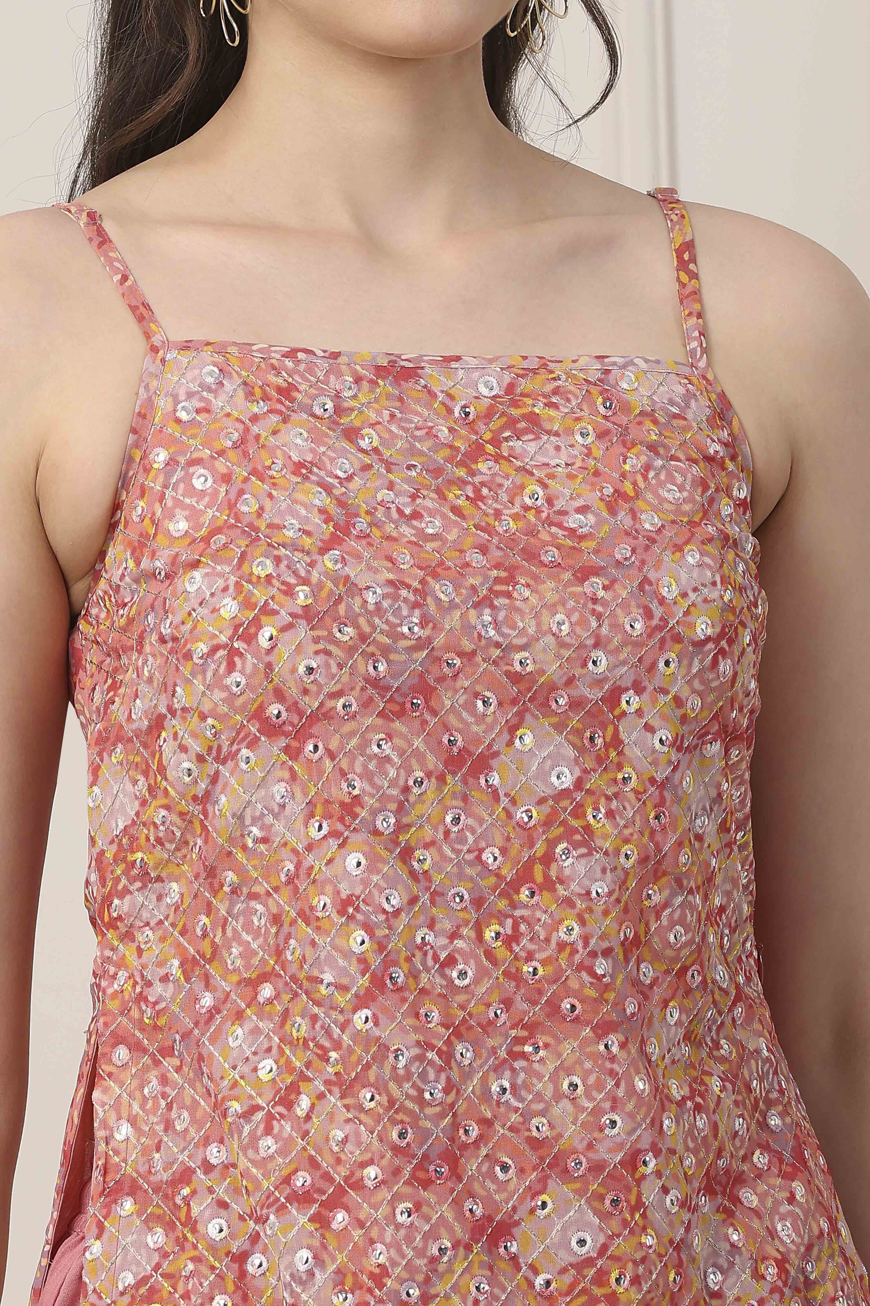 Peach Poly Georgette Floral Thread Work Straight Suit Set image number 1