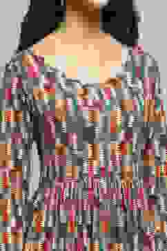 Beige & Brown Cotton Blend Flared Printed Dress image number 1