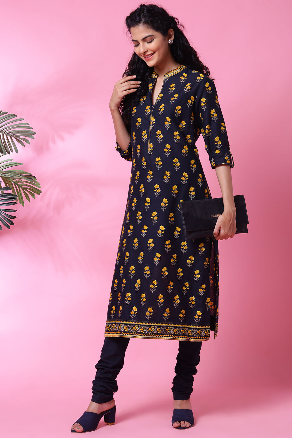 Black Cotton Kurta Churidar Set