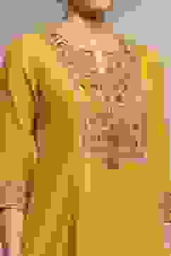 Yellow Viscose Rayon A-Line Solid Suit Set image number 1