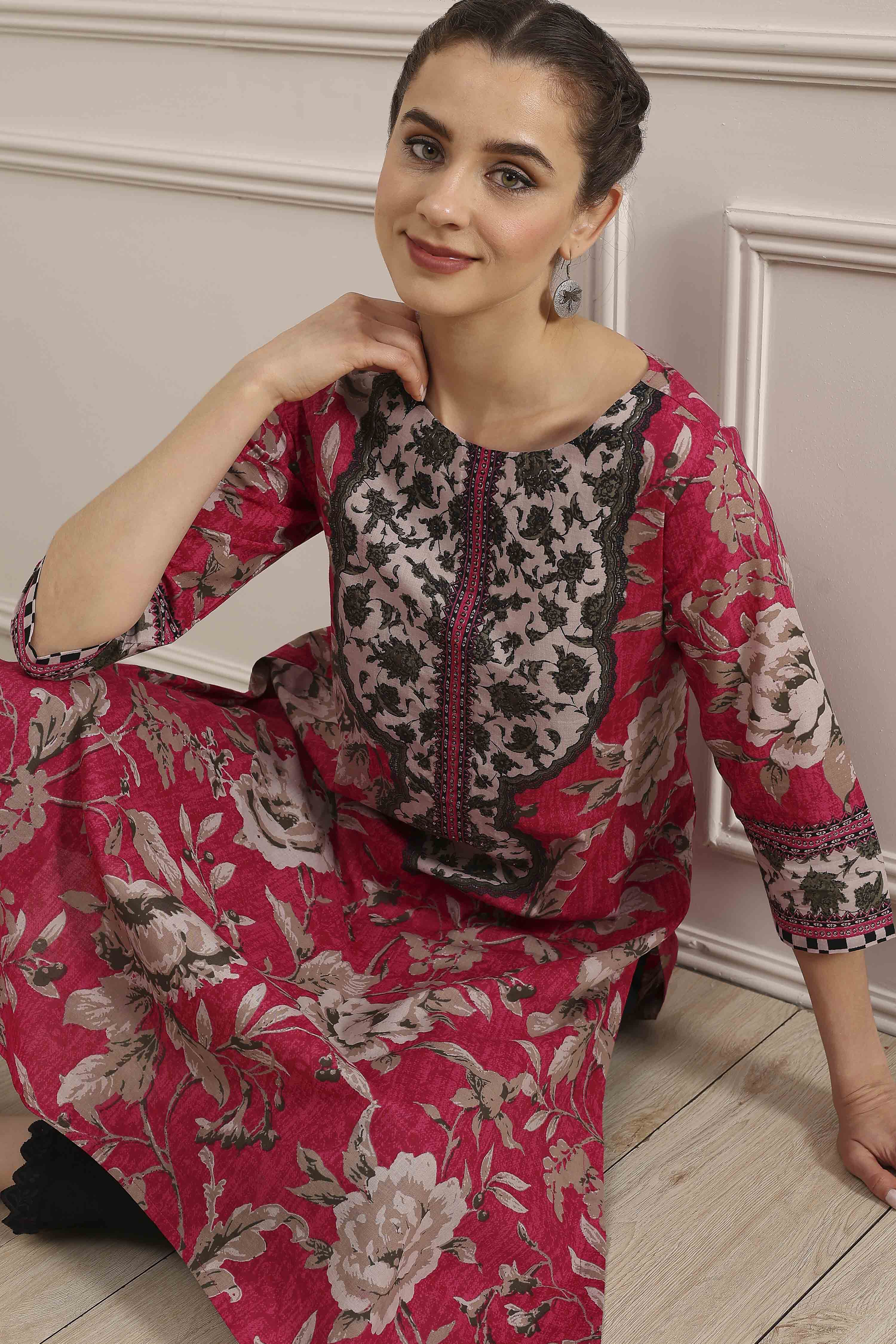 Pink Cotton Printed Straight Kurta image number 0