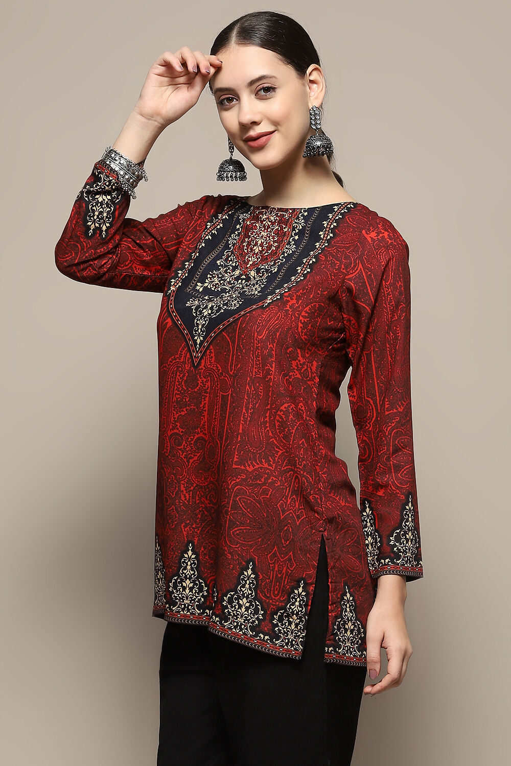 Maroon Crepe Printed Straight Short Kurta image number 0