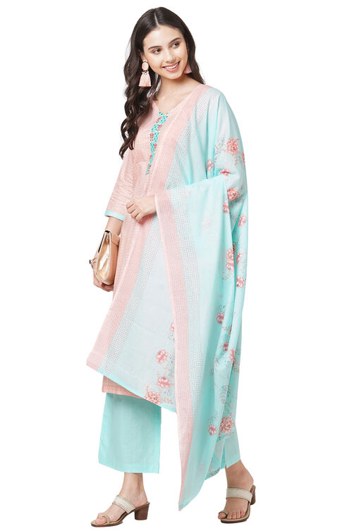 Pink Cotton Screen Print Unstitched Suit Set image number 0