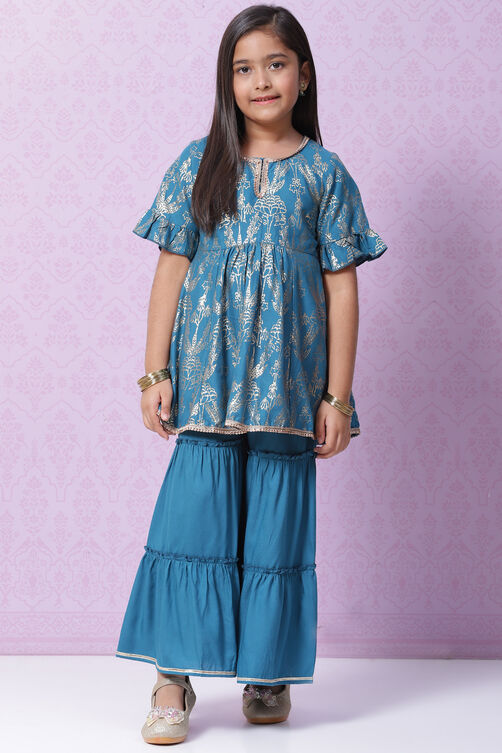 Blue Rayon Flared Printed Kurta Set image number 3