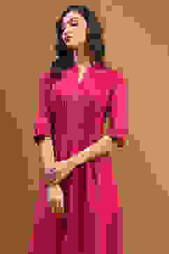 Pink Cotton Solid Pleated A-Line Kurta image number 6
