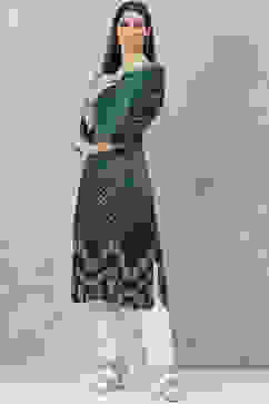 Green LIVA Straight Printed Kurta image number 2