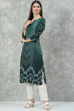 Green LIVA Straight Printed Kurta image number 2