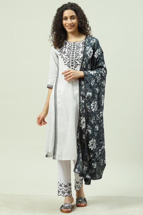 Black and White Cotton Straight Kurta Regular Pant Suit Set image number 0