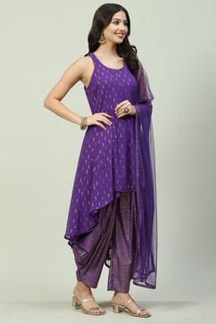 Purple Cotton Blend Asymmetric Printed Kurta Suit Set image number 6
