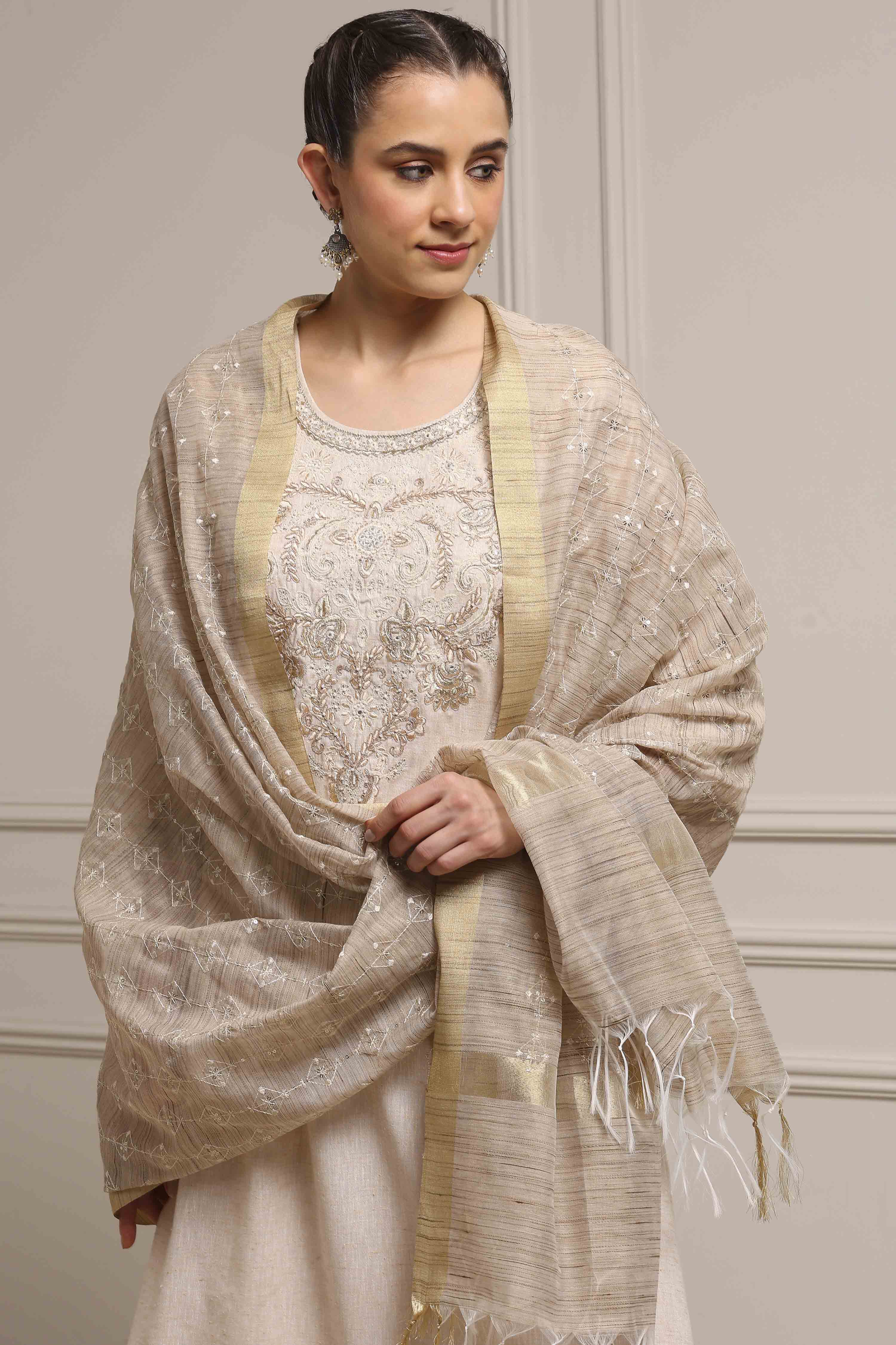 Beige Cotton Linen Yarn-Dyed Embroidered Straight Suit Set image number 7