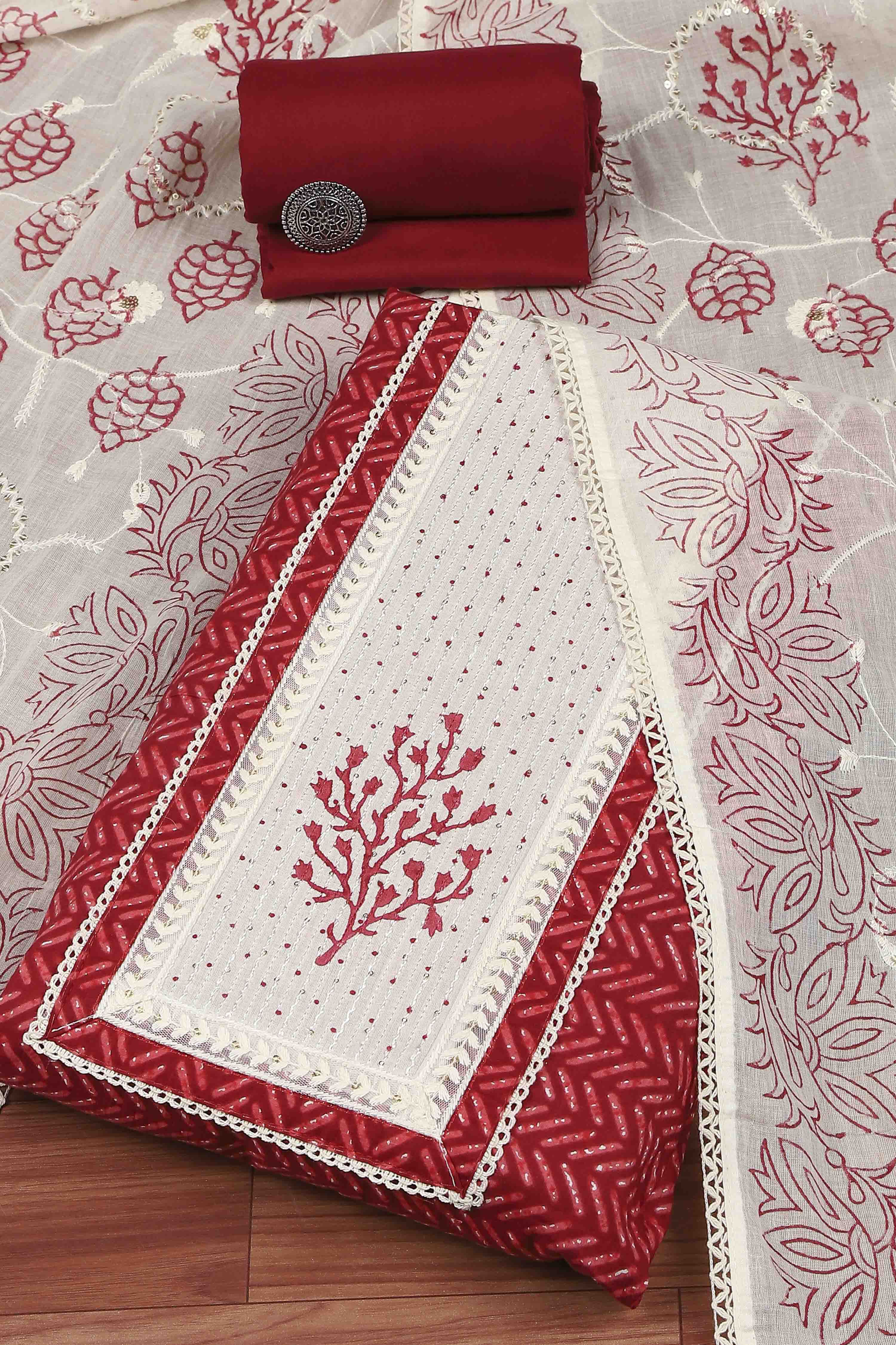 Red Cotton Printed Embroidered Unstitched Suit Set image number 0