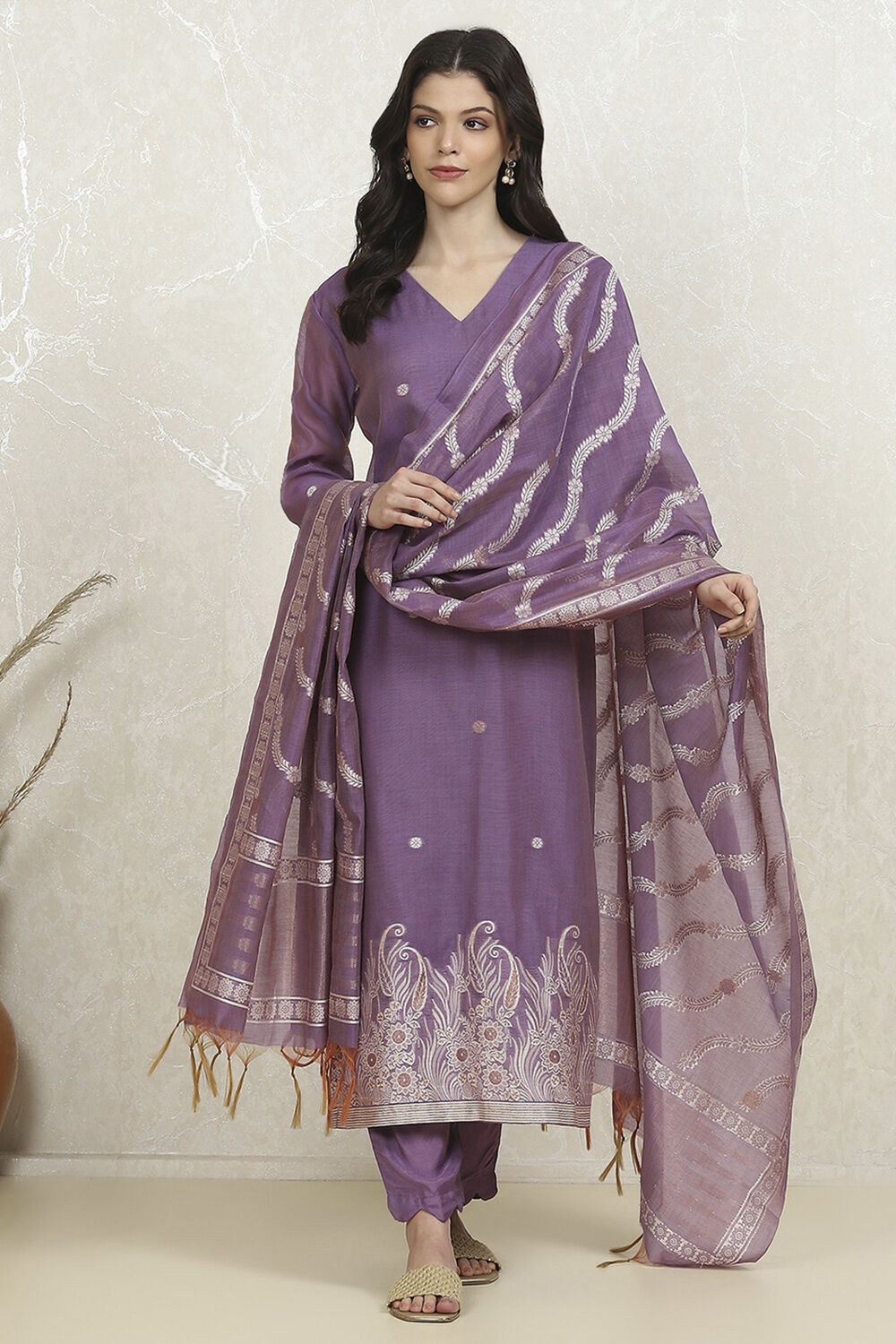 Lavender Chanderi Weave Unstitched Suit Set image number 1