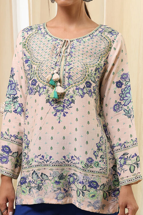 Off-White and Pink Modal Blend Straight Short Kurta image number 1