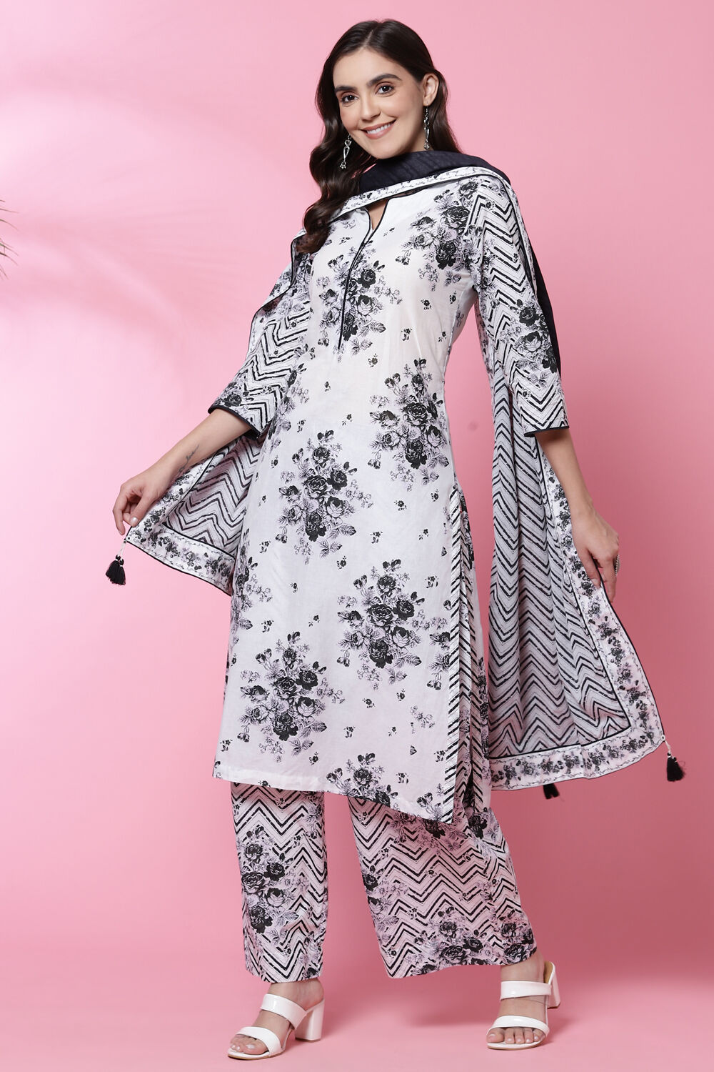 Black Cotton Straight Kurta Palazzo Suit Set image number 0