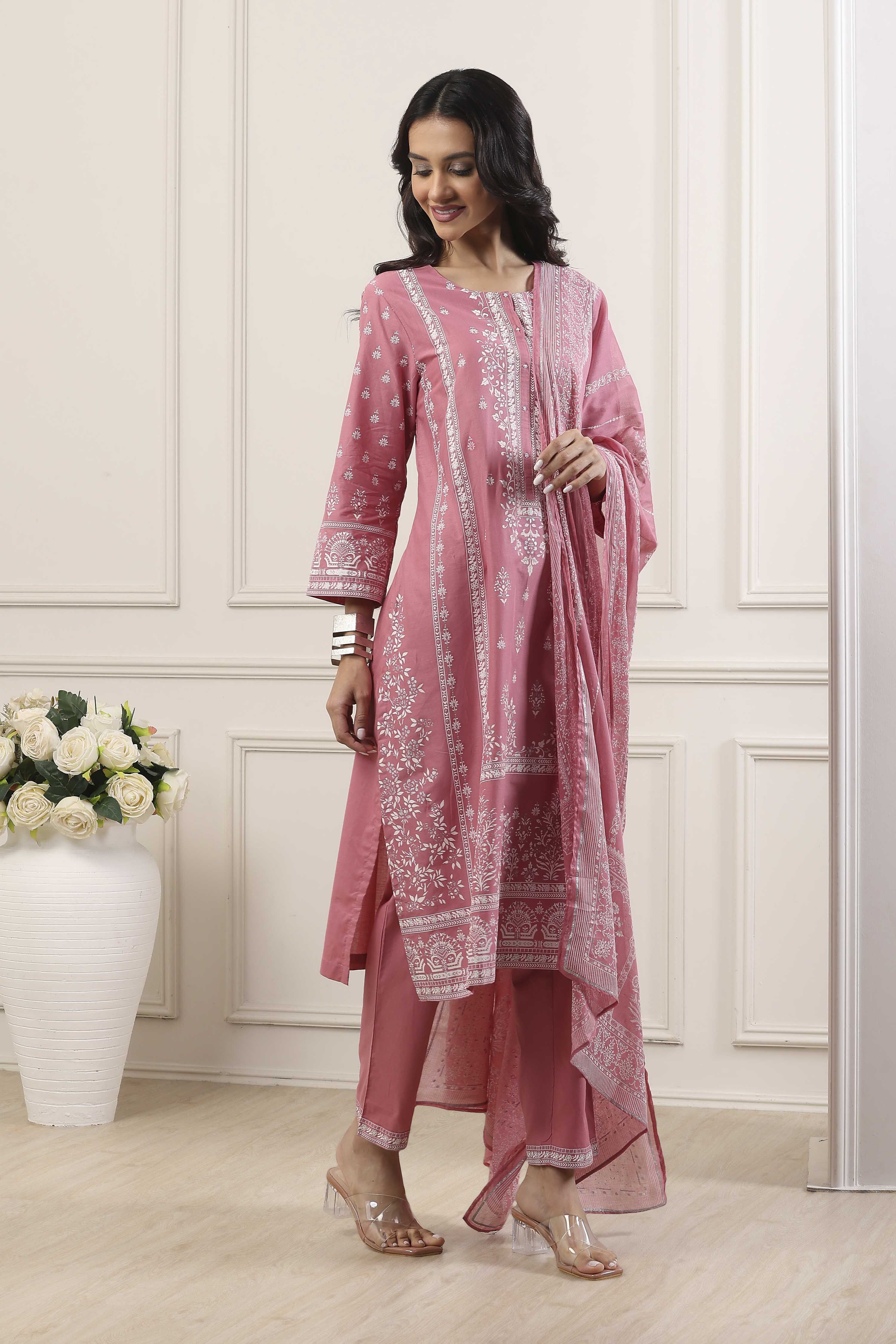 Pink Cotton Straight Suit Set image number 5