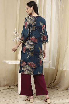 Navy Blue Floral Printed Straight Kurta image number 3
