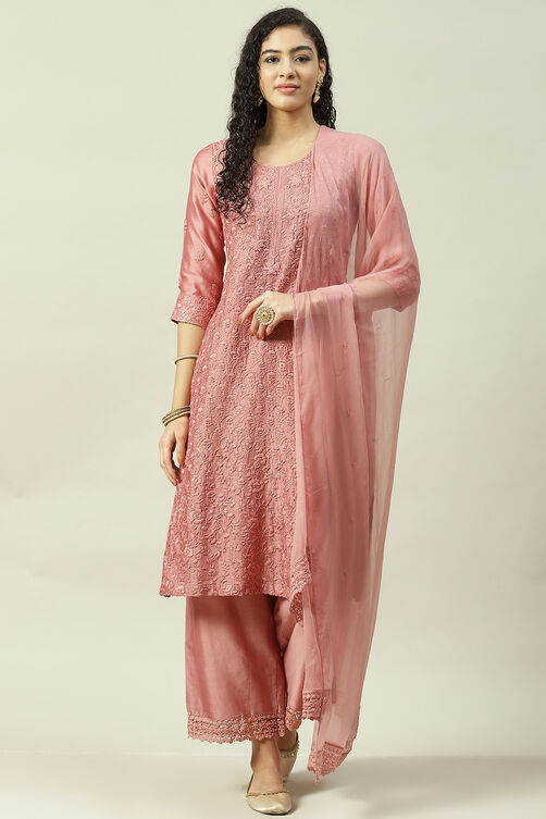 Onion Pink Cotton Silk Straight Kurta Palazzo Suit Set image number 0