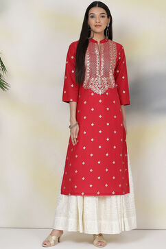 Cherry Red Art Silk Straight Printed Kurta image number 0