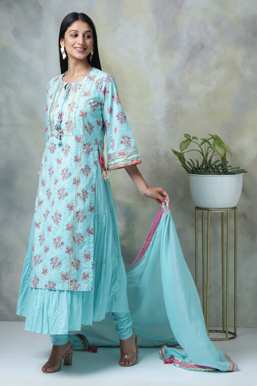 Turquoise Cotton Double Layered Kurta Churidar Suit Set image number 0