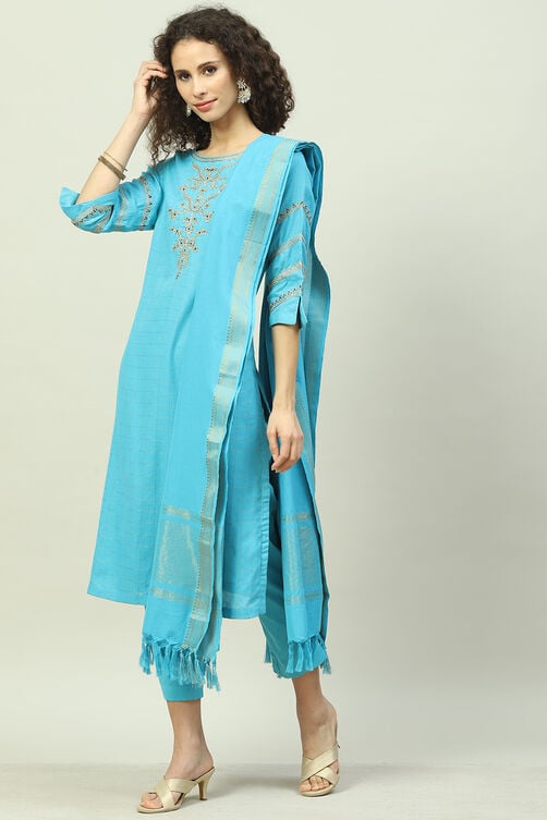 Turquoise Cotton Straight Kurta Slim Pants Suit Set image number 5