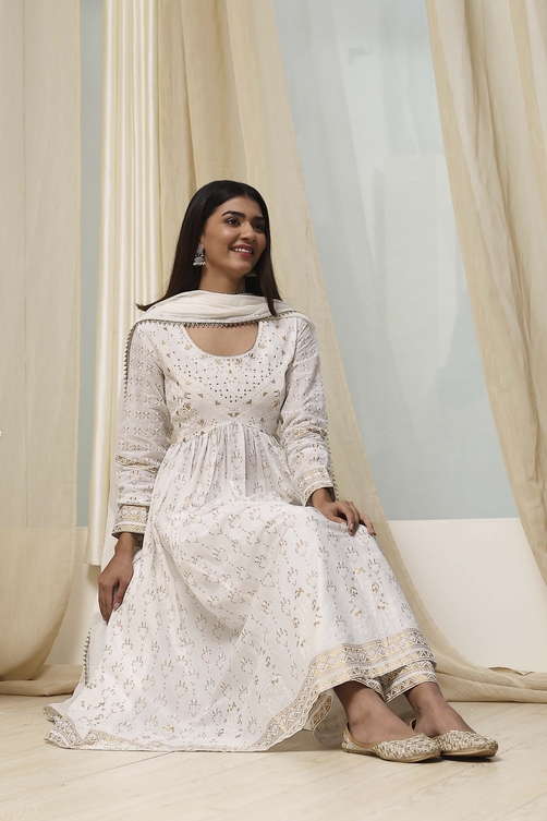 white cotton anarkali dress Buy Printed Pure Cotton Anarkali Suit in White Online : KMQS146