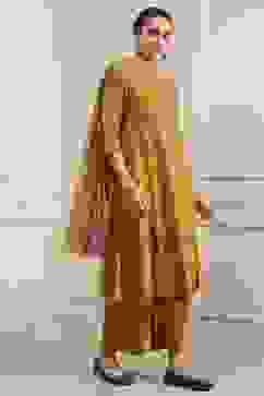 Mustard Yellow Cotton Embroidered Kalidar Suit Set image number 5