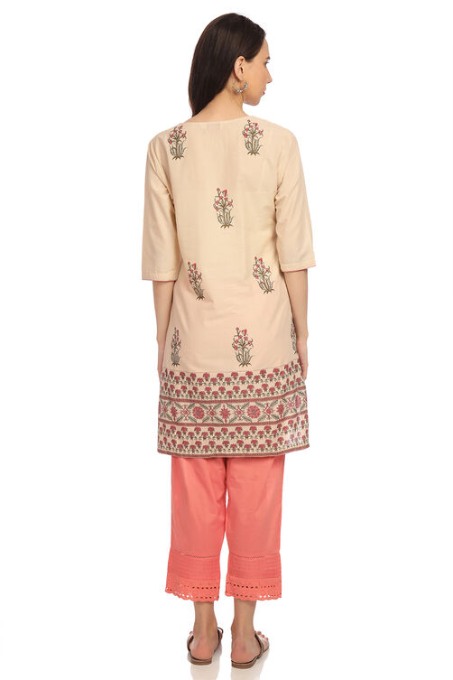 Cream Straight Cotton Printed Kurta image number 4