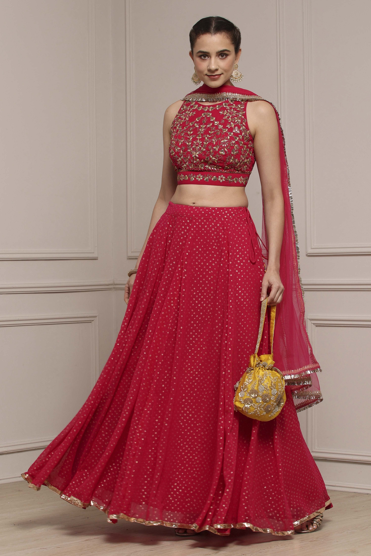 Fuchsia Polyester Printed Lehenga Set