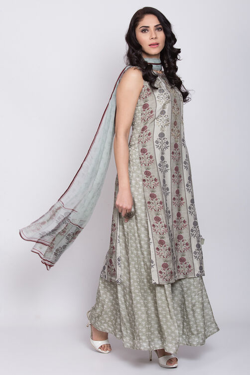 Moss Green Cotton Silk Straight Kurta Sharara Suit Set image number 0