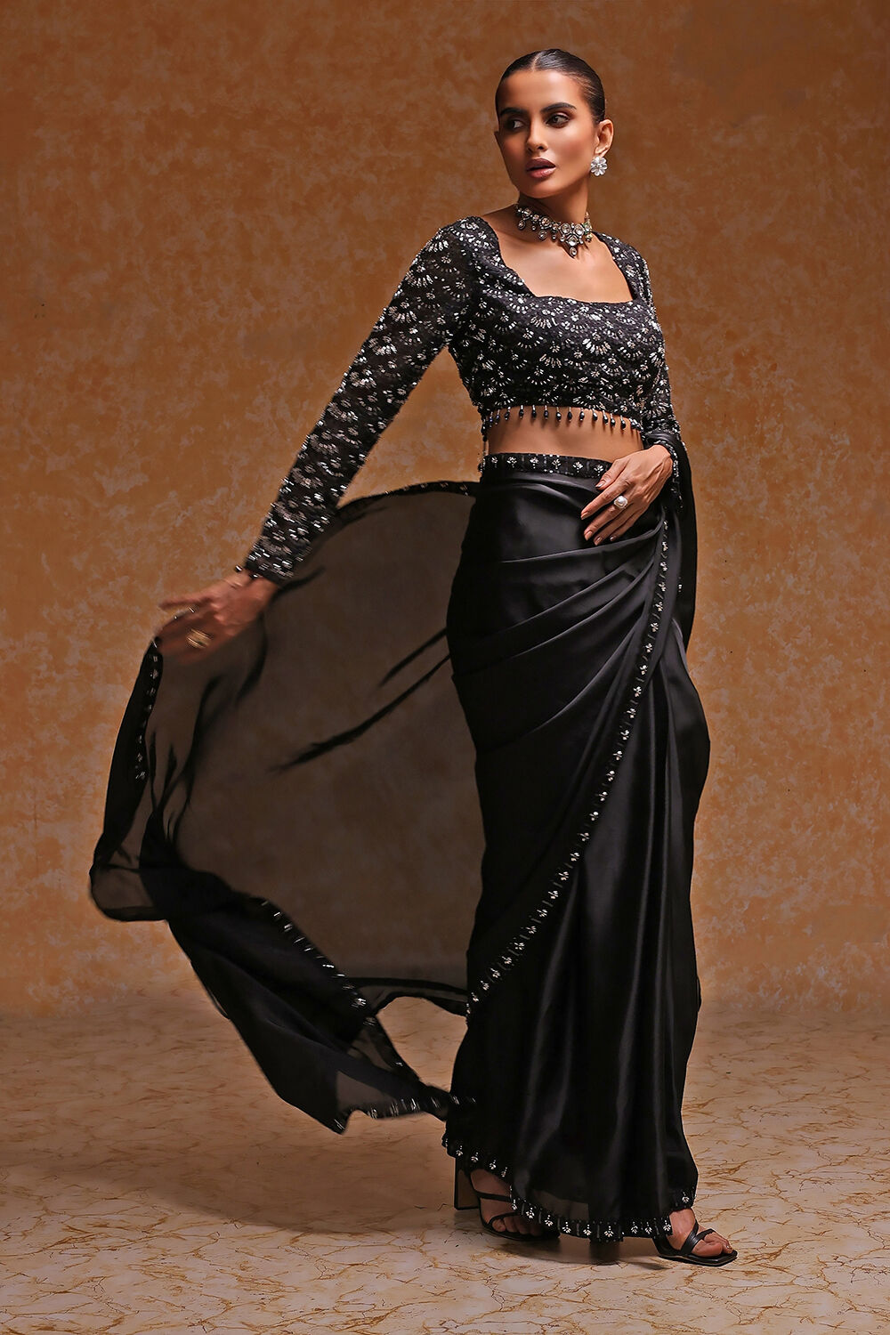 Black Poly Satin Fitted Embroidered Pre-Draped Saree image number 4