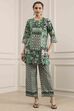 Green Cotton Printed Straight Kurta Palazzo Set image number 6
