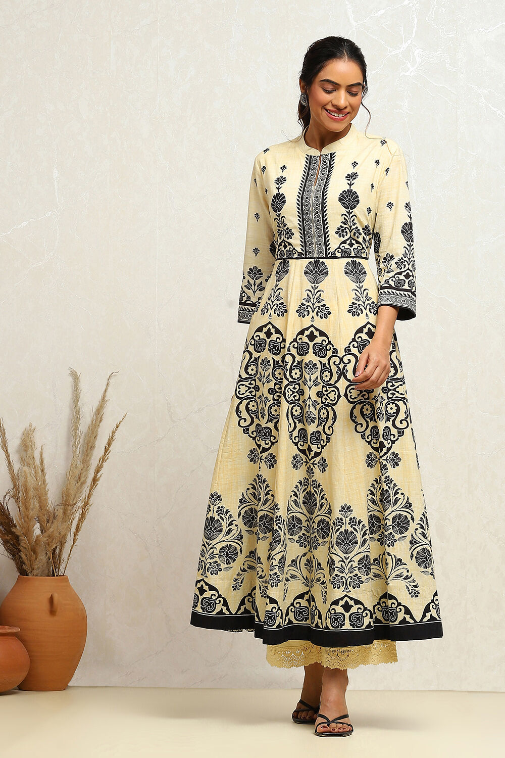 Ecru and Rust Cotton Printed Anarkali Kurta Set image number 0