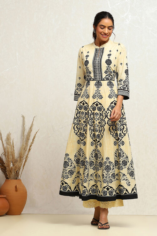 Ecru and Rust Cotton Printed Anarkali Kurta Set image number 0