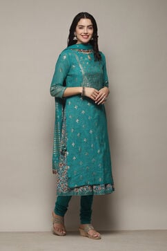 Turquoise Poly Modal Layered Printed Kurta Churidar Suit Set image number 6