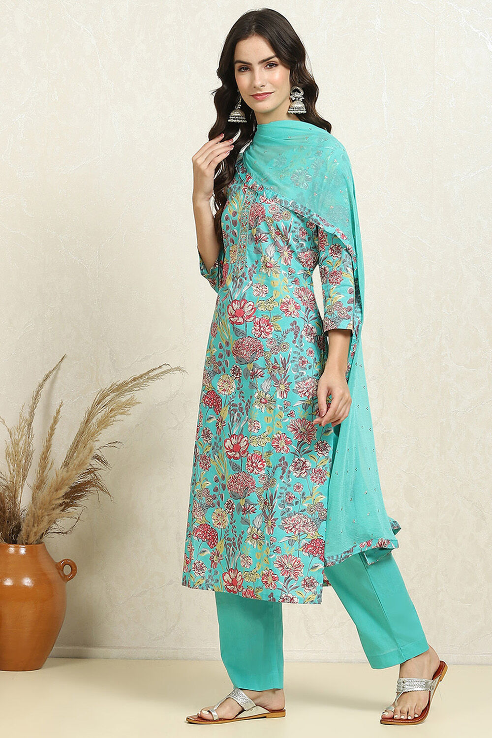Green Cotton Floral Unstitched Suit Set image number 4