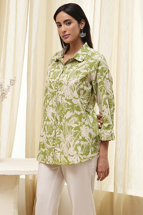 Green Cotton Floral Printed Straight Shirt image number 2
