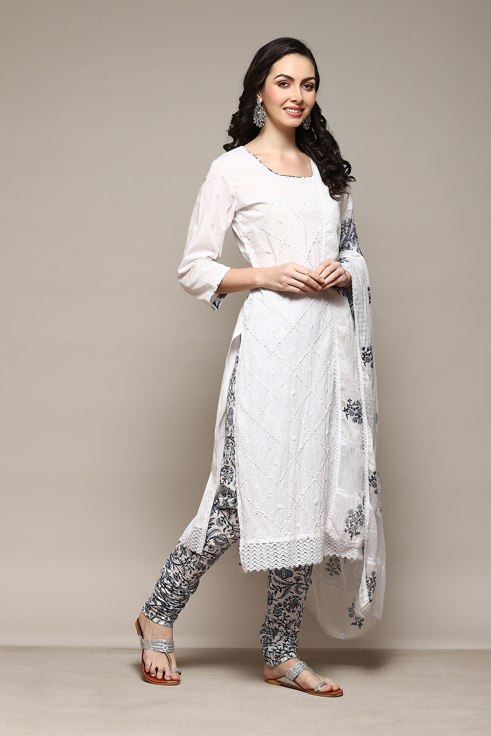 White Cotton Handloom Unstitched Suit Set image number 7