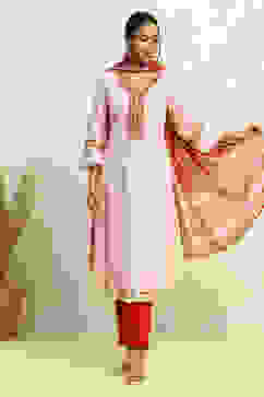 White and Rust Cotton Festive Kalidar Suit Set image number 0