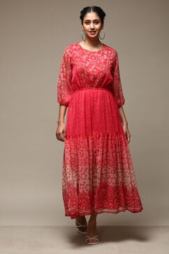 Red Cotton Blend Tiered Printed Dress image number 5