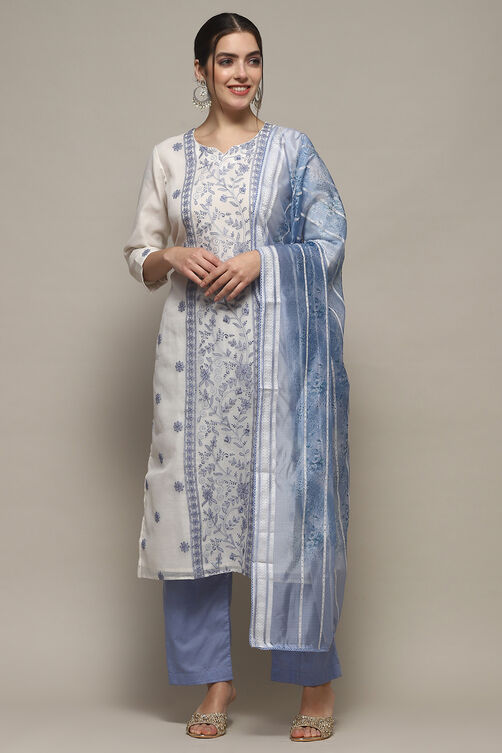 White Blue Cotton Blend Unstitched Suit set image number 8