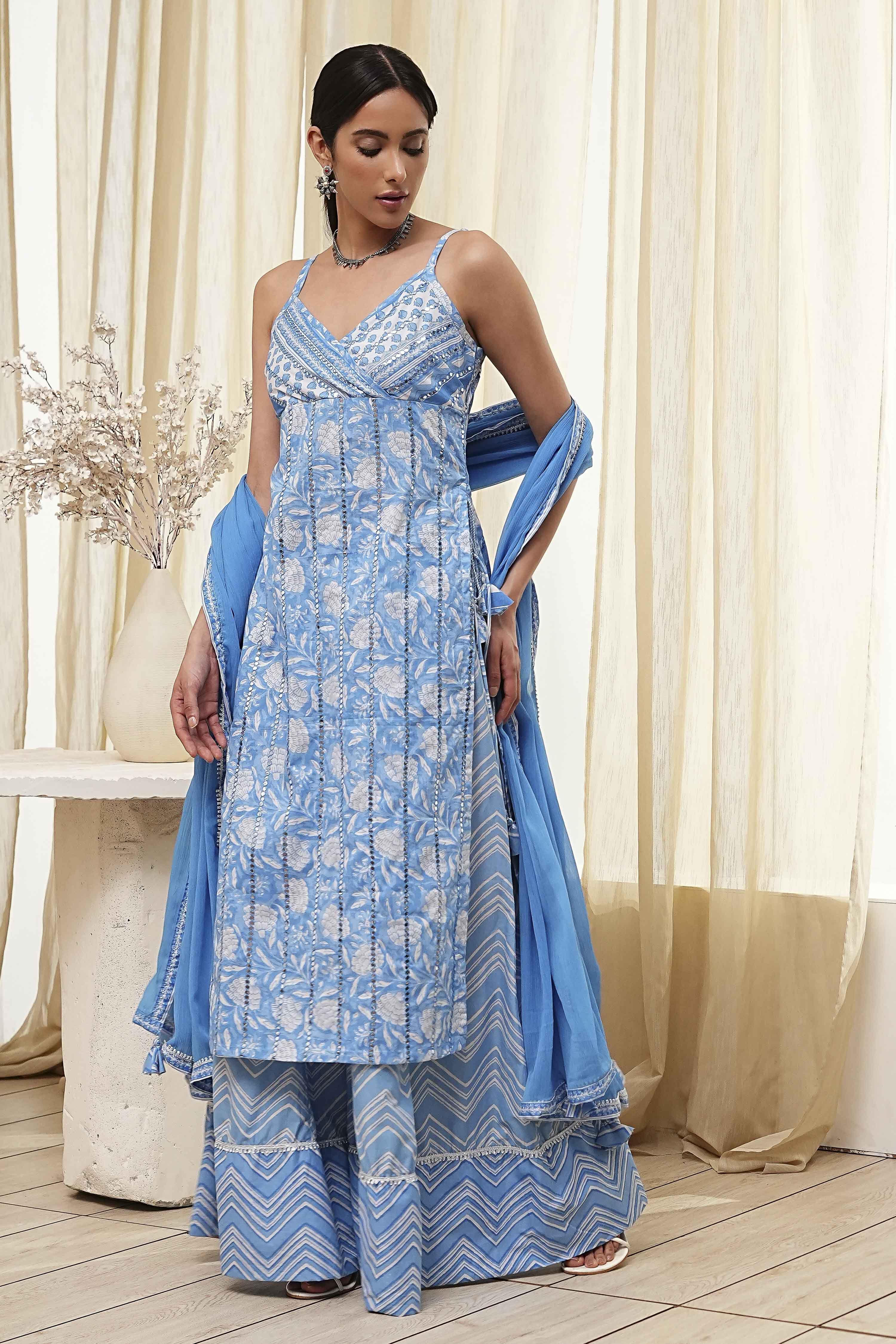 Blue Cotton Floral Strappy Straight Suit Set image number 3
