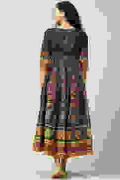 Teal Art Silk Flared Fusion Printed Dress image number 4