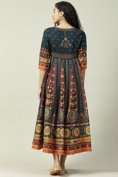 Teal Art Silk Flared Fusion Printed Dress image number 4