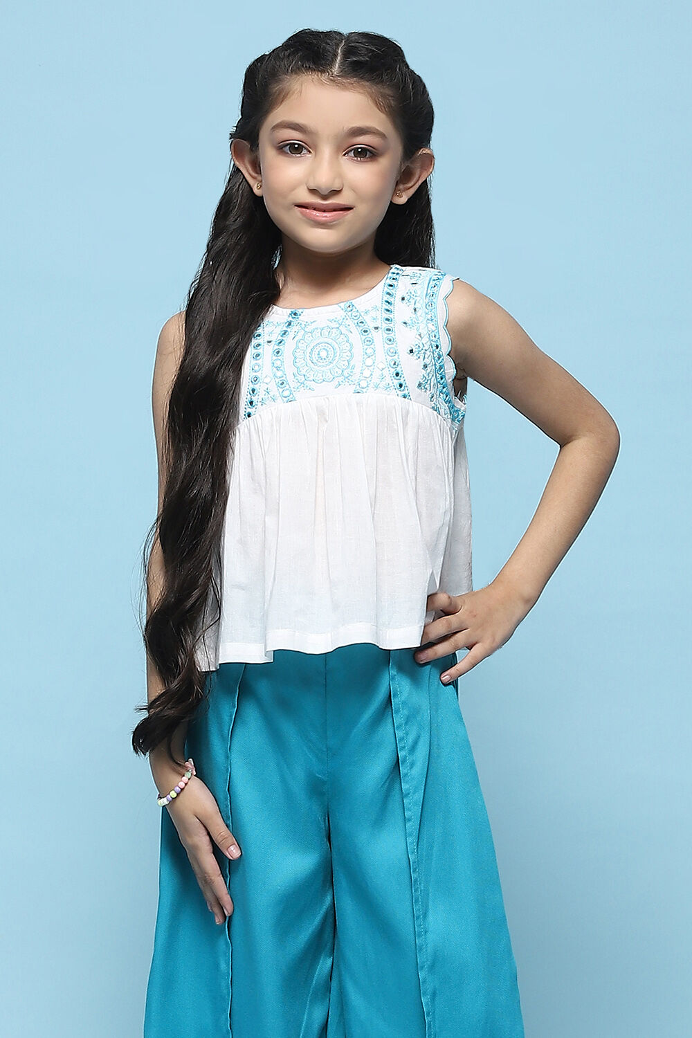 White Cotton Top With Contrast Colored Embroidery  image number 2