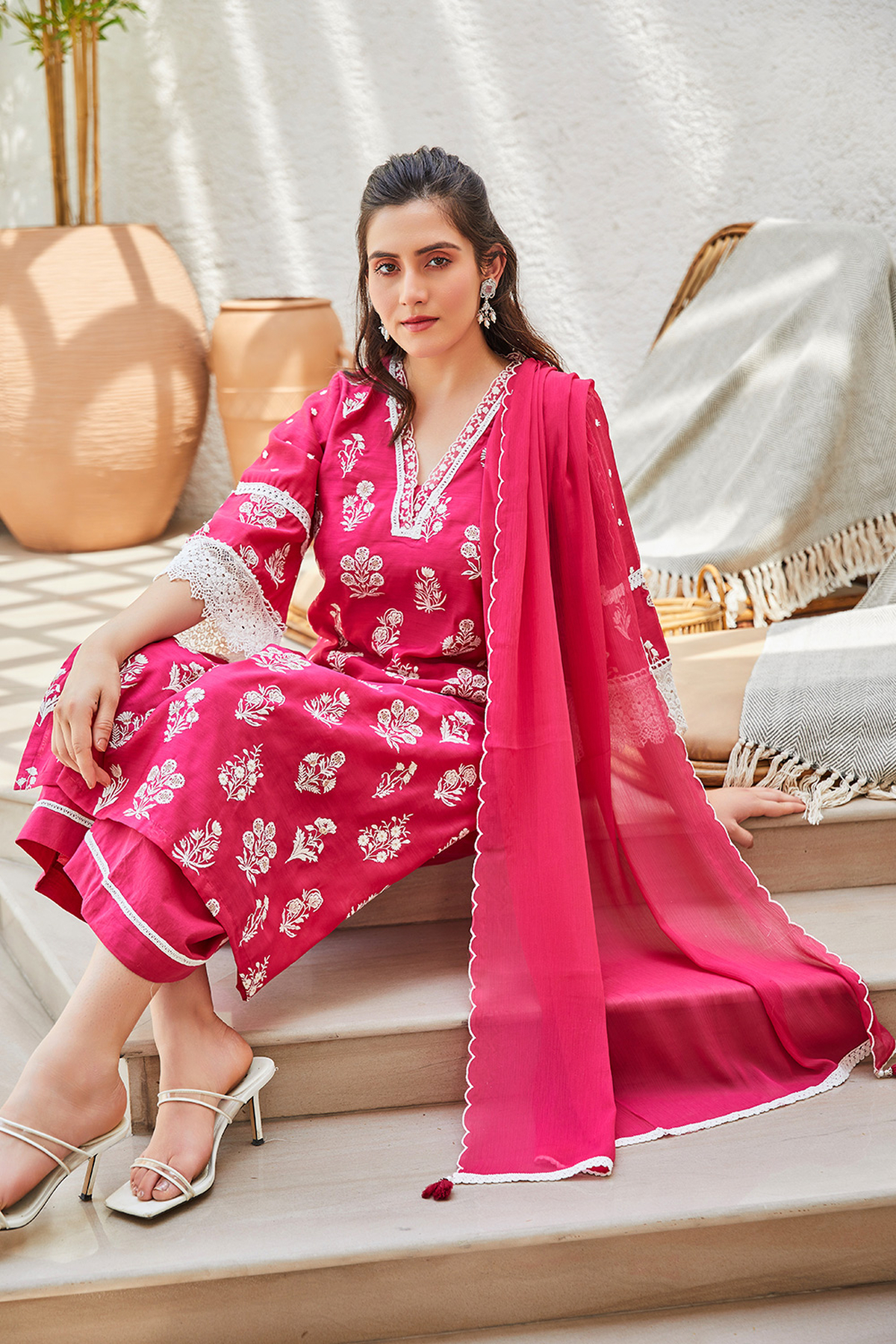 Fuchsia Embroidered Kurta & Palazzo Suit Set