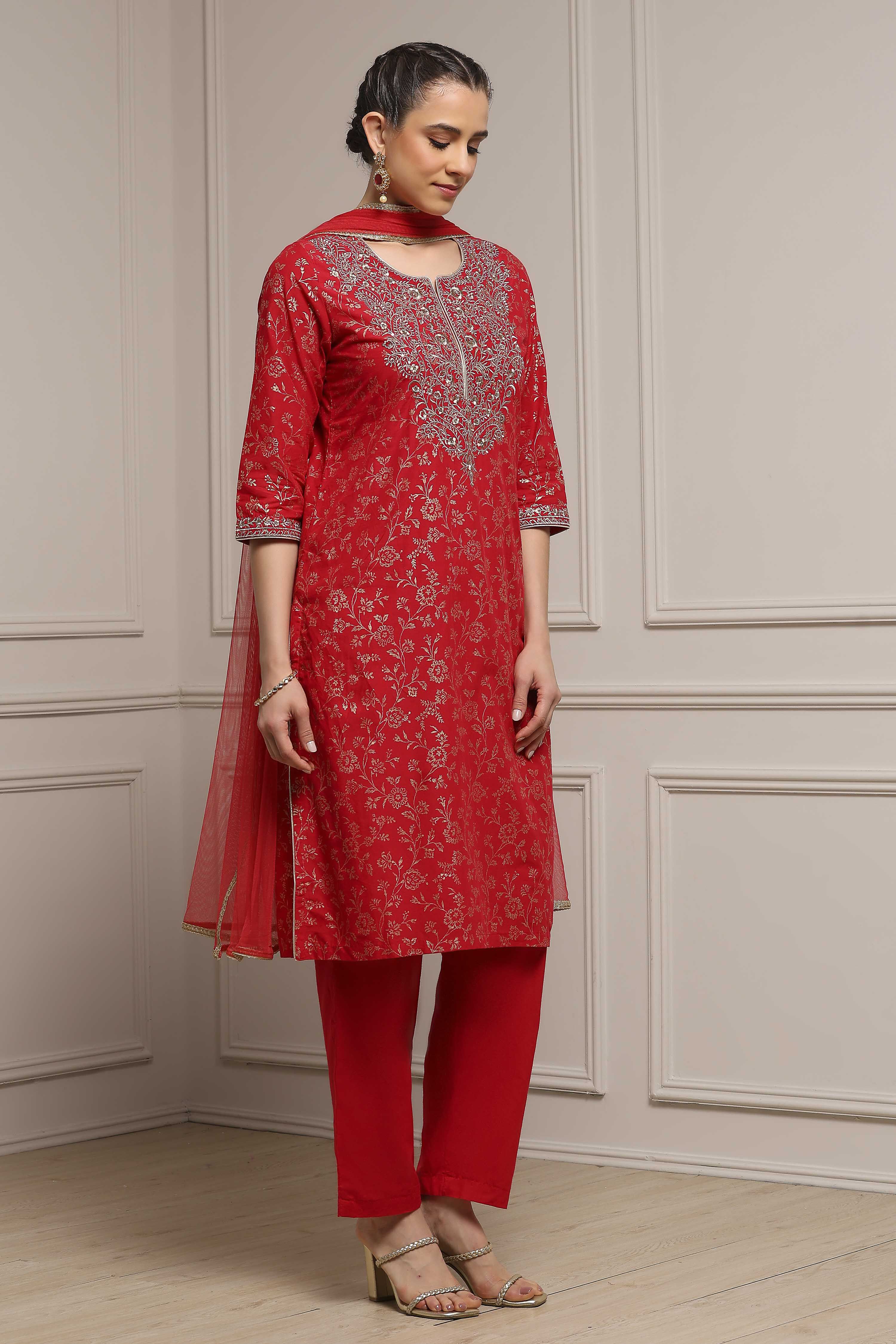 Maroon Cotton Printed Straight Suit Set image number 5