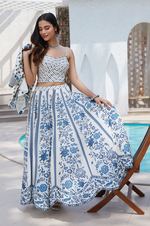 White Blue Cotton Straight Lehenga Set image number 7