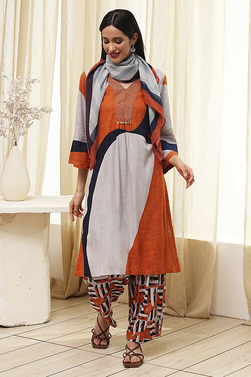 Orange and Beige Printed Straight Suit Set image number 0
